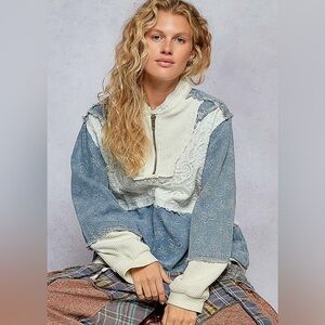 POL Los Angeles whimsical denim half zip